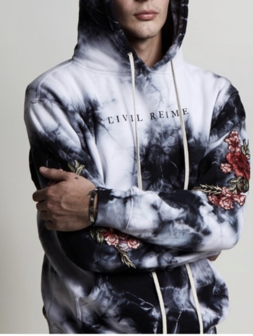 CIVIL REGIME Roses Marble Tie-Dye Hoodie Black & White Medium